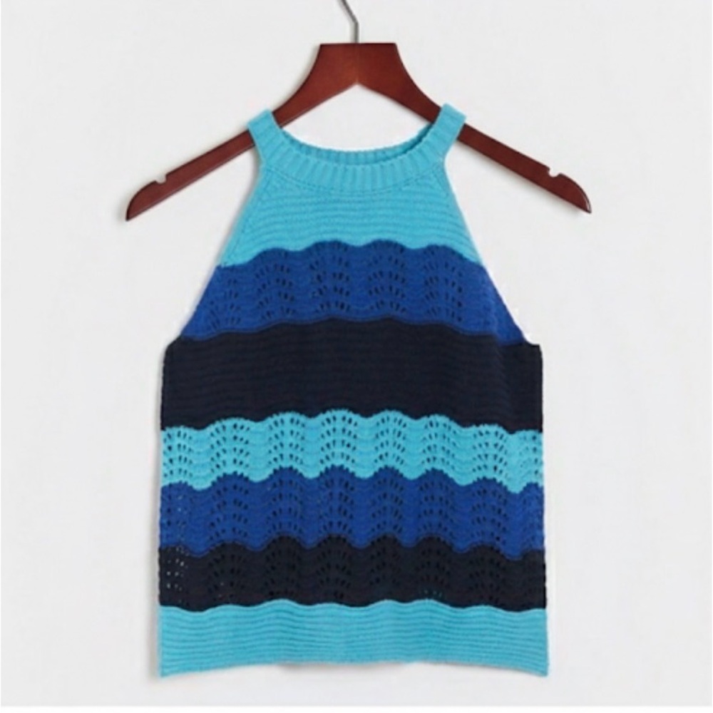 Anthropologie Jenette Blue Crochet High Neck Halter Top Sweater Knit Tank XL NWT